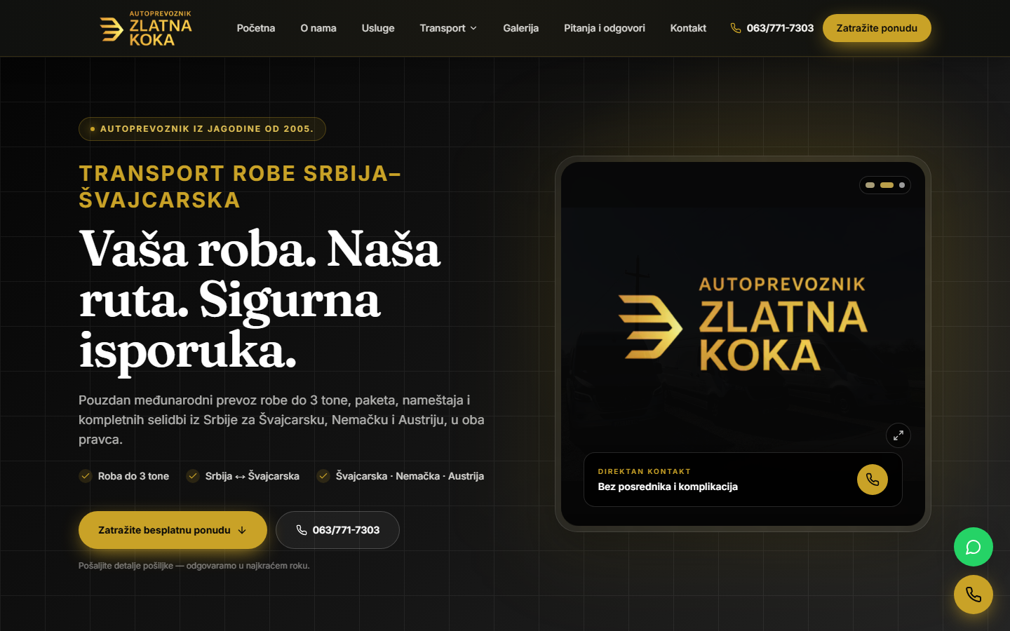 Početna stranica sajta za međunarodni transport Zlatna Koka